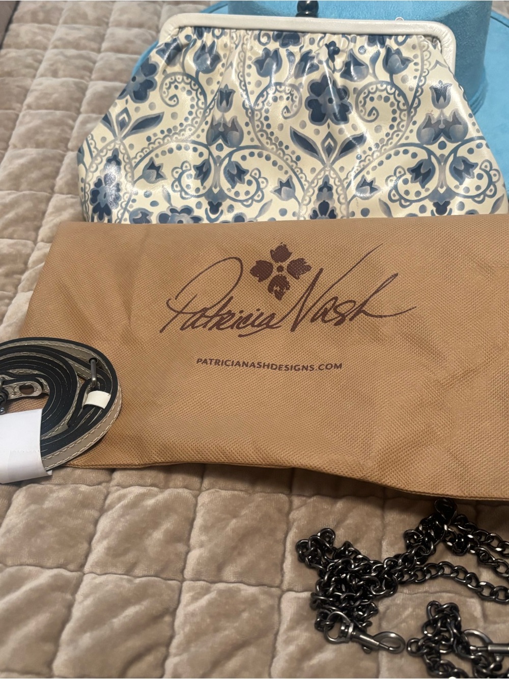 Patricia Nash Blue and Cream Floral Frame Crossbody Clutch